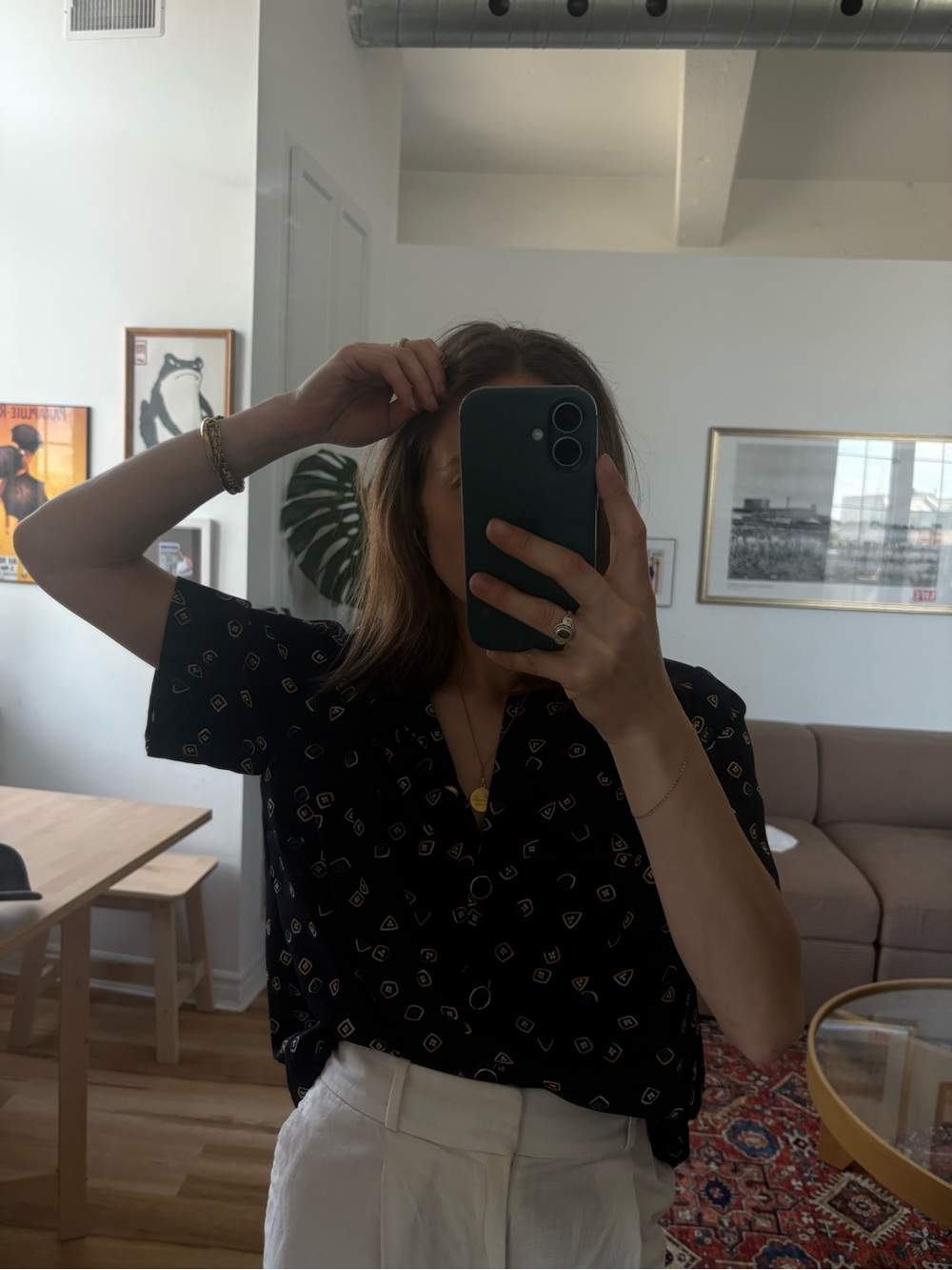 Black Short-Sleeve Printed Button-Up Top